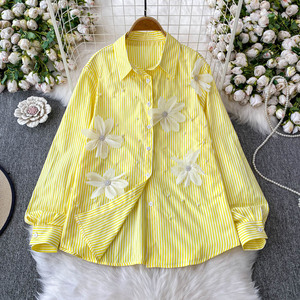 Camisa de Mujer con Solapa y Flores, Blusa Holgada a Rayas, a la Moda - Product Image 3