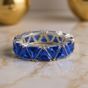 Blue Gemstone Eternity <b>Band</b> Ring For Women, Trillion Cut Pyramid Shape, Lab Created Stones, Prong Setting, Alloy <b>Copper</b> Jewelry, - Product Image 2