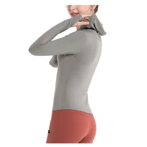 Yoga clothes women naked touch skin hooded sports long sleeve hoodie running quick drying tight top