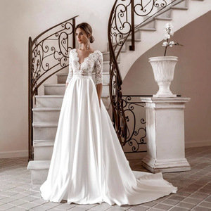Wedding Dress A-Line V-Neck Lace Mid Sleeve Ivory White Natural Waistline Simple Style - Product Image 1