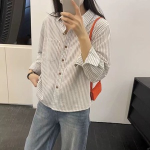 Striped Shirt Women Long Sleeve Poplin Casual Retro Top Blue And Off White Stripes Everyday Wear - Product Image 1