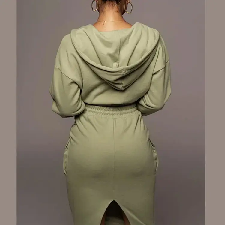 Женский комплект из двух предметов, соблазнительный укороченный топ с длинным рукавом, толстовка и юбка, однотонный комплект из двух предметов с длинной юбкой для женщин