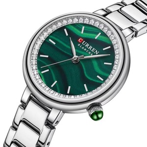 Montre élégante pour femme en gros, à quartz, avec cadran à motif malachite verte, lunette en cristal, bracelet en acier inoxydable, étanche - Product Image 5