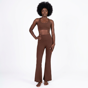 High Waisted Flared Leg <b>Yoga</b> <b>Pants</b> Solid Color Seamless Full Length Spandex Polyester Elastic Waist Tummy Control <b>Pockets</b> - Product Image 3