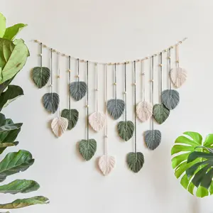 Leaves Macrame Wall Hanging Tapestry with Wooden Beads for Home Decoration