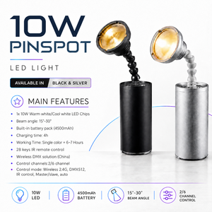 ไฟพินสปอตขนาดเล็ก 10W ไร้สาย DMX ใช้พลังงานแบตเตอรี่ ไฟ LED สีขาวเย็น/ขาวอุ่น สำหรับงานดีเจ งานแต่งงาน และงานปาร์ตี้ - Product Image 2