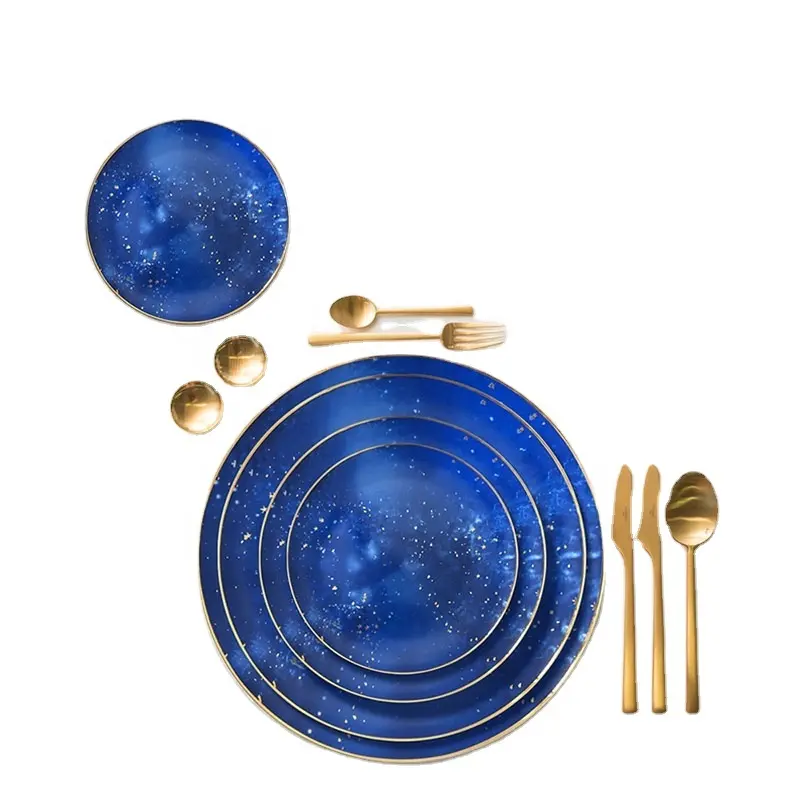 Wholesale blue starry sky pattern bone china cookware sets dinner plates ceramic Christmas table decoration dishes set