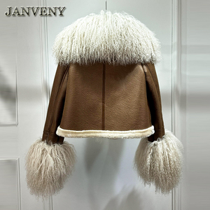 JANVENY 2024 <strong>Winter</strong> <strong>Warm</strong> Faux Leather Sheepskin Coat <strong>Women</strong> Large Real Wool Fur Collar Zipper Slim Biker Pu Leather Short <strong>Jacket</strong> - Product Image 5