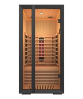 Sauna infrarouge compact avec luminothérapie rouge, porte panoramique en verre et intérieur en bois naturel
