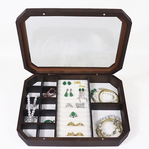 Casing tampilan oktagonal mewah untuk cincin, kotak Organizer penyimpanan perhiasan tipe Flip transparan kaca kayu padat - Product Image 4