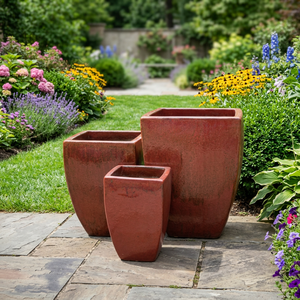Ensemble de pots à fleurs carrés en terre cuite émaillée écologiques modernes, jardinières d'extérieur, design minimaliste, différentes tailles, Binh Duong - Product Image 3