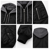 Blouson bomber noir à capuche pour homme, personnalisable avec logo, streetwear, zippé, style aviateur, décontracté, rembourré