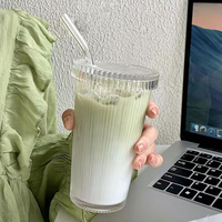 Tasse en verre à rayures verticales côtelées simples, bouteille en verre à hauteur inclinée, gobelet tasse à café de voyage avec paille