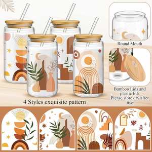 12 oz 16 oz Borosilicate Glass Can Cup Pint Tumbler with <b>Bamboo</b> <b>Straw</b> Lid Modern Style Dishwasher & Microwave Safe for Adults - Product Image 3