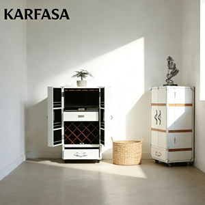 ארון יין יוקרתי בסגנון אמריקאי רטרו, מעץ ועם ריפוד עור, לאחסון בבית, לסלון או לבר ביתי. - Product Image 4