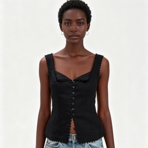 Top sin mangas estilo vintage para mujer, mezcla de algodón y lino, con encaje, patchwork, botones frontales, sin tirantes, a la moda - Product Image 1