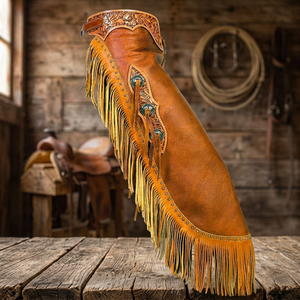 CLOSITWEAR Chaps d'équitation en cuir véritable, nouveau style western à franges, style cowboy, pour la lutte contre les taureaux, taille haute, longueur intégrale, avec boucle - Product Image 4