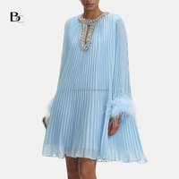 Haut de gamme personnalisé en gros Odm/oem Premium vêtements usine élégante à manches longues plissé Diamante en mousseline de soie plume Mini robe robe