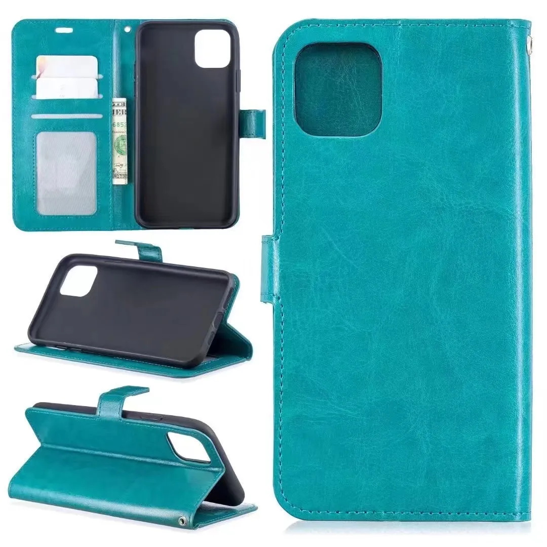 Crazy Horse casing kulit PU untuk iPhone 14 Plus 15 Pro casing dompet berdiri sampul Flip gaya buku