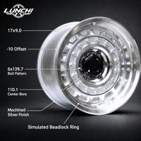 Jante en alliage d'aluminium moulé 17x9.0 -10 6x139.7 argentée avec face usinée, pour SUV, véhicule électrique, 6 trous pour véhicule tout-terrain 4x4