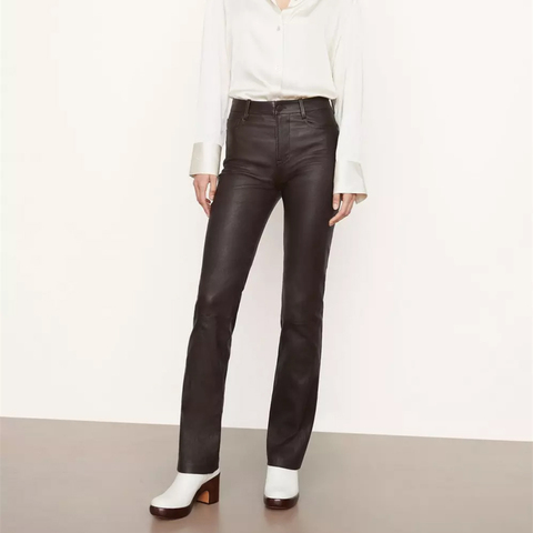 New Trendy Ladies Real Leather Trouser Mid Waist Straight Stylish Slim Genuine Leather Pants Women