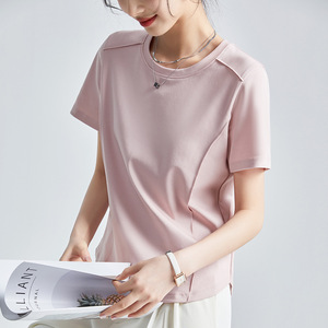 Women's Pink Short Sleeve T-Shirt Solid Color Round Neck Mercerized Cotton Summer <b>Base</b> <b>Layer</b> Top - Product Image 4