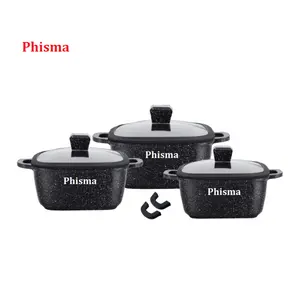 Hot bán Die Cast NHÔM VUÔNG Cookware Set Lớp phủ gốm soong nấu ăn nồi nhà bếp với silicon Glass Nắp