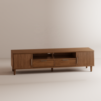Meuble TV autoportant de style Mid-Century Modern à profil bas cannelé avec 2 armoires, tiroirs et étagère, pour salon, référence DSG052 (Stock US)