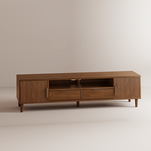 Meuble <span class=keywords><strong>TV</strong></span> autoportant de style Mid-Century Modern à profil bas cannelé avec 2 armoires, tiroirs et étagère, pour salon, référence DSG052 (Stock US) - Product Image 1
