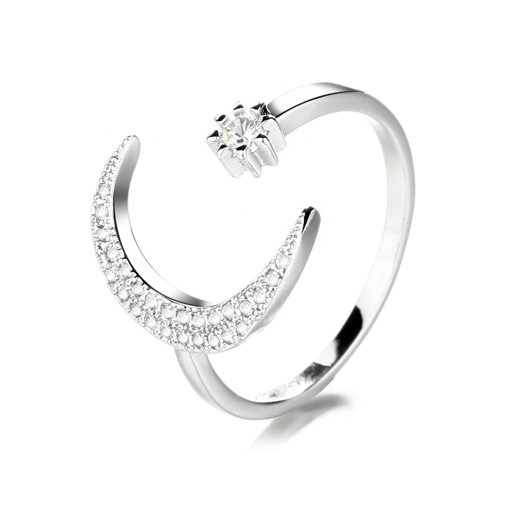 ◇HYERES LOR◇ Champagne Full Moon Slim Silver Glossy Ring M Sterling Silver Opal Moon Ring, Full Moon and Cresent Moon