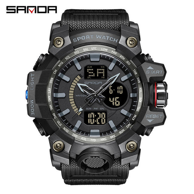 SANDA Brand Men Sports Watches Dual Display Analog Digital LED Electronic Quartz Wristwatches Waterproof Swimming Sport Watch