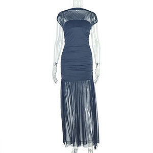 Abito in rete GX-2026 a maniche corte, arricciato, elegante, <span class=keywords><strong>da</strong></span> <span class=keywords><strong>invitata</strong></span> a <span class=keywords><strong>matrimonio</strong></span>, con pieghe a strati, lunghezza midi o maxi. - Product Image 2