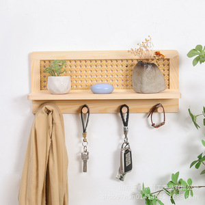 Solid Wood Rattan Storage Rack <b>Wall</b> <b>Mounted</b> Key Holder With <b>Shelf</b> For Entryway Decor Natural Color Rectangle Shape - Product Image 2