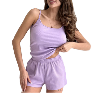 Pigiama da donna ODM di lusso in stile europeo-americano, casual, lavorato all'uncinetto, a vita alta, a righe, con bretelle, set 2 pezzi, per primavera, estate e autunno - Product Image 1