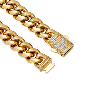 Stainless Steel Miami Cuban Link <b>Chain</b> With Inced <b>Out</b> Buckle - PVD 18K Gold Plated Durable Density Bracelet (8-14mm Width) - Product Image 4