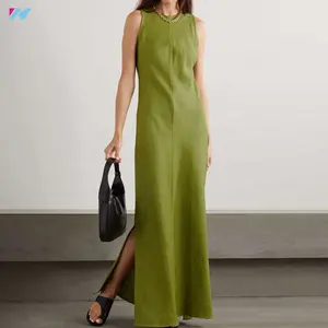 Manufacturer Custom Maxi Long Dresses Sleeveless Straight Green Linen Dresses For Women