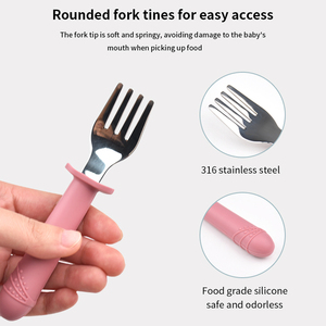 Juego de tenedor y cuchara de acero inoxidable para bebé, mango de silicona, cubiertos de entrenamiento para niños pequeños, antideslizantes, con agarre antideslizante para niños - Product Image 6