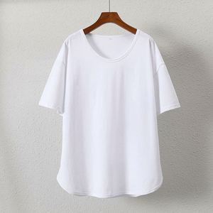 NY Büyük Beden Pamuklu U Yaka Tişört, Kavisli Kenarlı Kısa Kollu Kadın Yazlık Bol Orta Uzun Bluz - Product Image 6