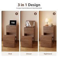 Ensemble de coiffeuse moderne en chêne massif pliable avec miroir LED rabattable, 3 tiroirs de rangement et tabouret ottoman pour chambre à coucher
