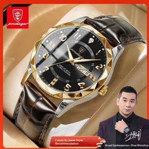 Montre de luxe pour homme POEDAGAR, <span class=keywords><strong>lunette</strong></span> dorée avec découpe diamant, bracelet en cuir marron, affichage double heure, montre-bracelet à quartz étanche - Product Image 5