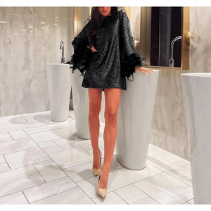 Vestido Corto Elegante con Lentejuelas y Cuello en V para Mujer, con Cintura Ajustable y Manga Larga, para Eventos Nocturnos - Product Image 2