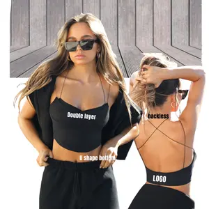 Luluxixiyaya Street Wear Double Layer Bra Backless Big Hollow Sexy Back Cross Thin Strap Curve U Bottom Blouse Women Tops