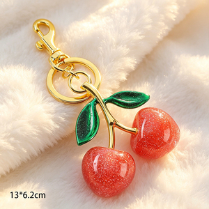 Trendy Luxury Cherry Crystal Glitter <b>Key</b> Chain Red Fruit Pendant UV Metal Lobster Buckle <b>Bag</b> <b>Key</b> <b>Ring</b> - Product Image 1