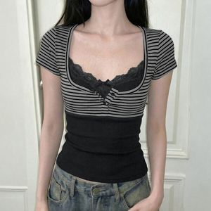 ชุดสองชิ้นเสื้อลูกไม้คอวีลายทางแขนสั้นสีล้วนหวานเซ็กซี่ - Product Image 3