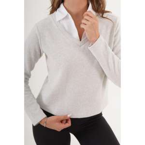 Wholesale Ladies Formal Blouse Embroidered Logo Grey <b>Shirt</b> Collar Trimmed Free XL Loose <b>Collarless</b> Silk Chiffon Poplin Knitted - Product Image 3