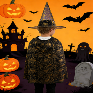 Kostum Jubah Anak-anak Halloween Jubah Cetak Emas Topi Penyihir Anak Laki-laki Perempuan Set Topi Selendang Pertunjukan Anak-anak Cosplay Kostum Jaring Laba-laba - Product Image 3