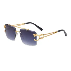 Vente en gros de lunettes de soleil sans monture à double pont et tendance tête de léopard vintage Lunettes de soleil UV400 pour femmes avec logo personnalisé