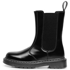 Black Ankle <b>Boots</b> Genuine Leather Round Toe Elastic Closure Flat Heel Anti-Slippery Rubber Outsole All Seasons Solid Color - Product Image 3