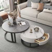 Ensemble de tables basses gigognes rondes de luxe moderne avec tiroir de rangement, plateau en pierre frittée, structure métallique pour mobilier de salon