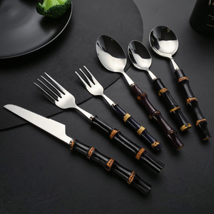 Bamboo-Style Cutlery <b>Set</b> 304 Stainless Steel Knife Fork Spoon Mirror Polished Western Tableware Adult Use - Product Image 1